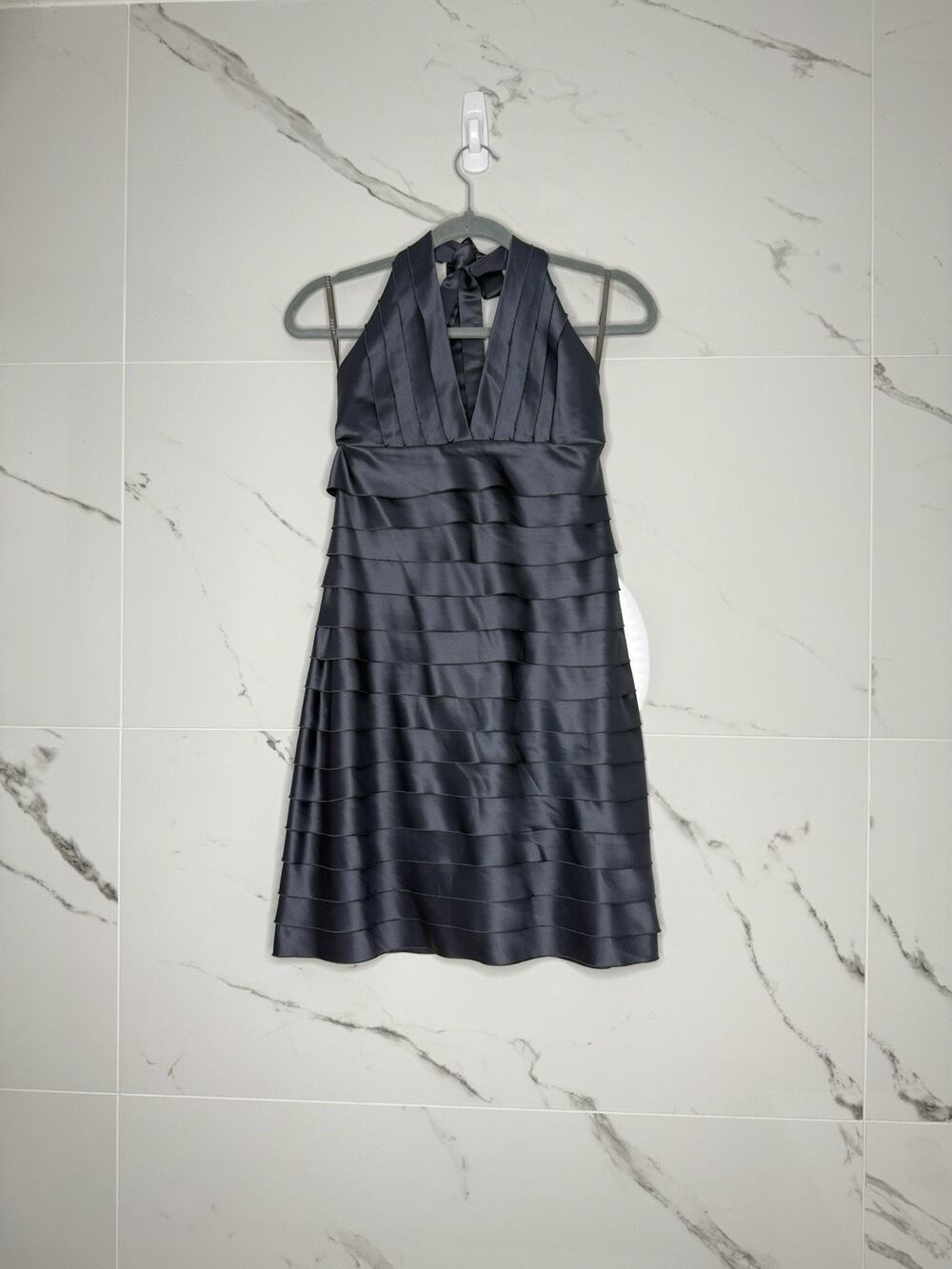 Vintage LIPSY Dress Gray Halter Tiered Sz US 8 Y2K Tiered Sexy Open Back